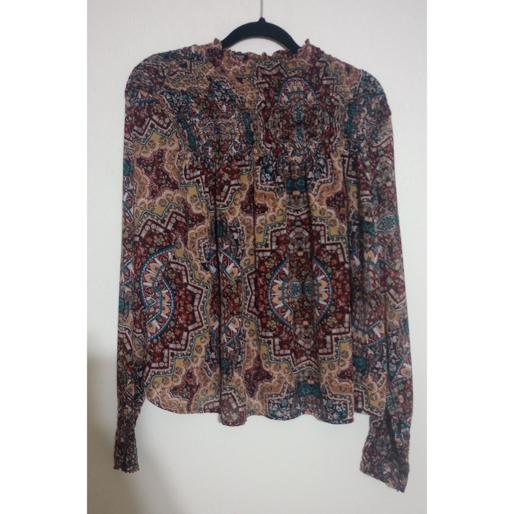 Wrangler Retro Womens XL Paisley Smocked Mock Neck Blouse Long Sleeve 112321683